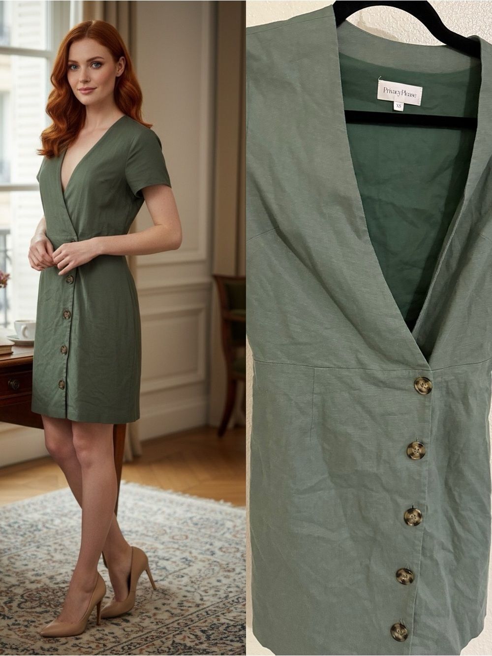 Privacy Please XS Sage Green Linen Blend Button Front Mini Dress Cottagecore